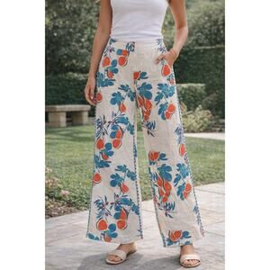 Azulu Colombia | Fig Print Wide Leg Pants Scallop Trim Resort Boho Linen Size 2